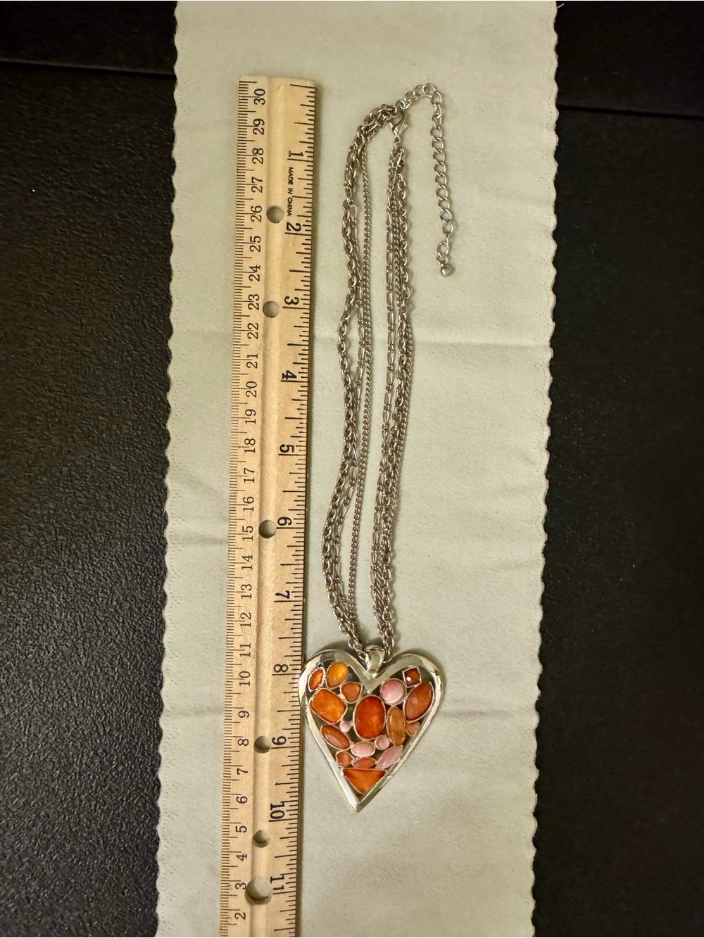 Silver Tone Heart Pendant Multi strand Necklace with Orange and Pink Inlay